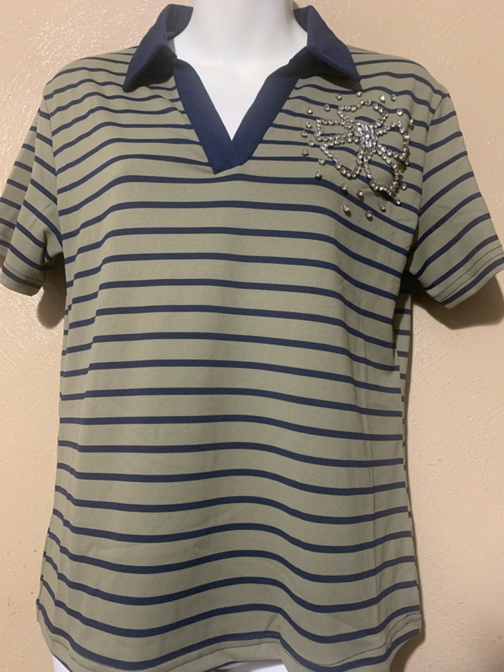 On Twelfth size S Olive & Navy Striped Polo Top with Embellished Detail NWOT